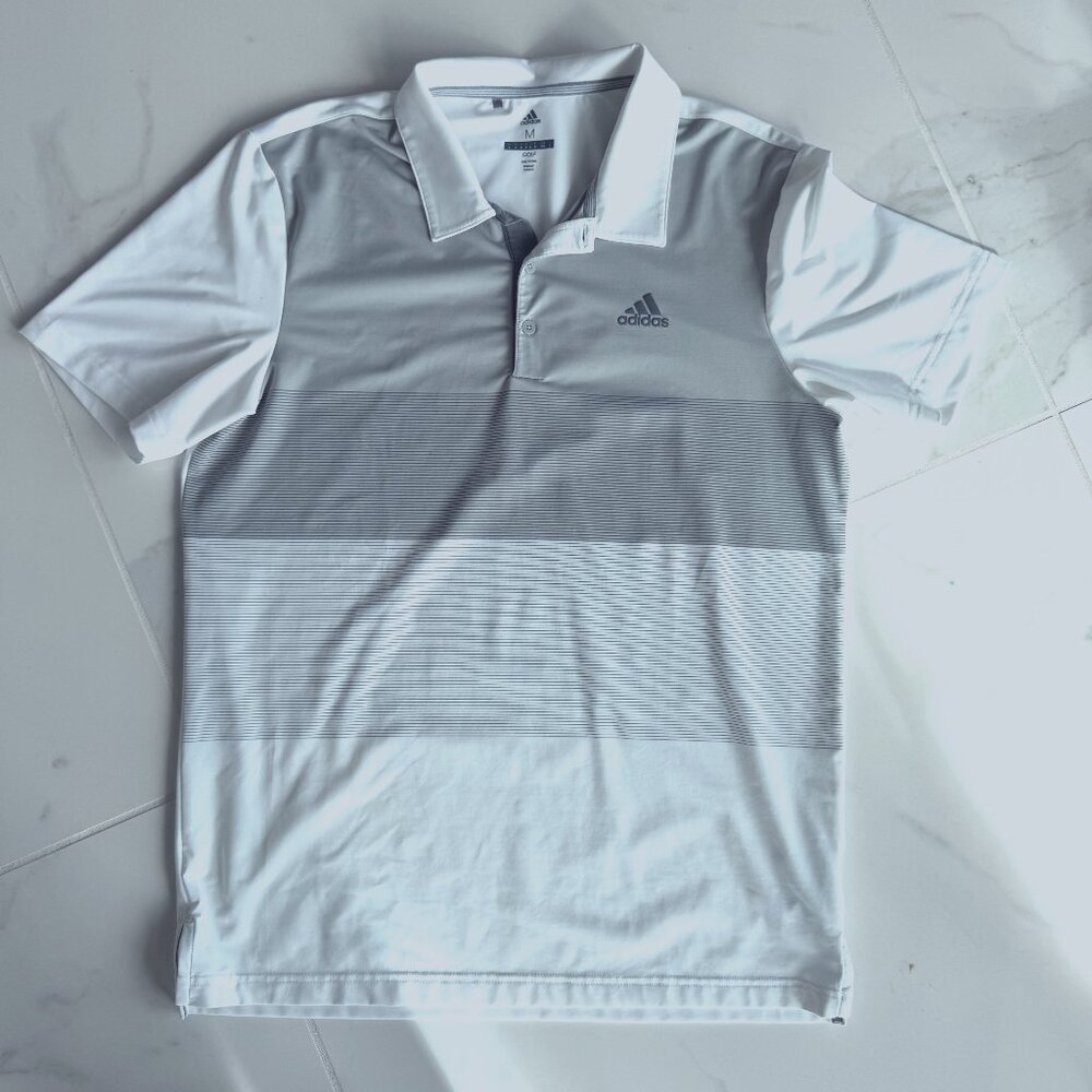 Adidas Golf Polo Gray/White Short Sleeve Athletic Golf Shirt Mens Sz Medium